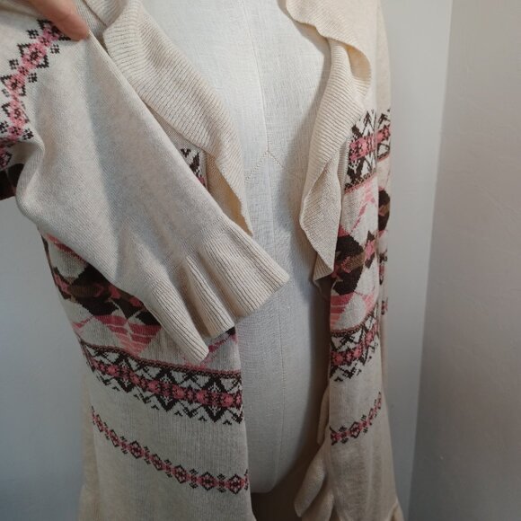 Pendleton Cardigan Ruffle Waterfall Style Cotton Aztec Neutral Print Women Large - Picture 11 of 15